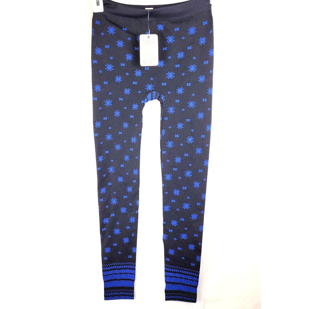 New Pink Rose black with blue snowflake fleece lined legging Size small Holiday